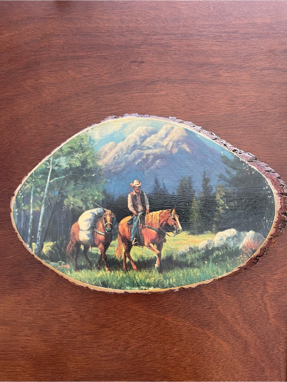 Vintage Live Edge Wall Souvenir Plaque Man Horse Oregon Cowboy Ranch